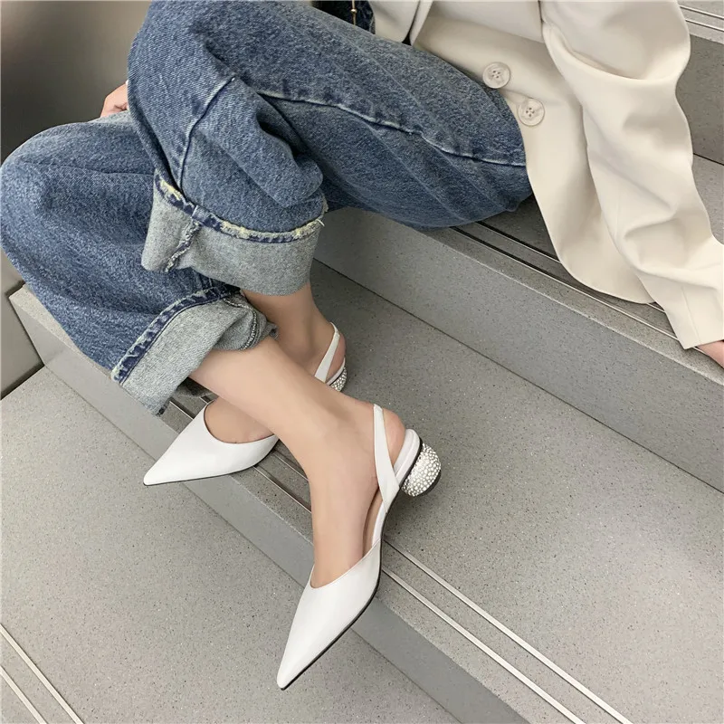 

CONASCO Genuine Leather Women Sandals Elegant Wedding Party Casual Office Rhinestone High Heels Shallow Shoes Woman Pointed Toe