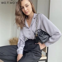 wotwoy spring solid button up silk blouse women v neck long sleeve satin blouse shirt women office lady white street shirts 2021