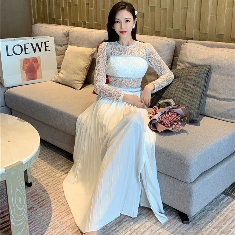 Женское длинное платье Автопортрет белое кружевное лоскутное Плиссированное