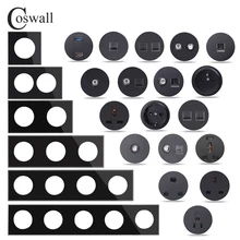 COSWALL R11 Black Glass Panel Wall Switch EU French Socket USB Charger Female TV RJ45 CAT6E  Modules DIY Free Combination