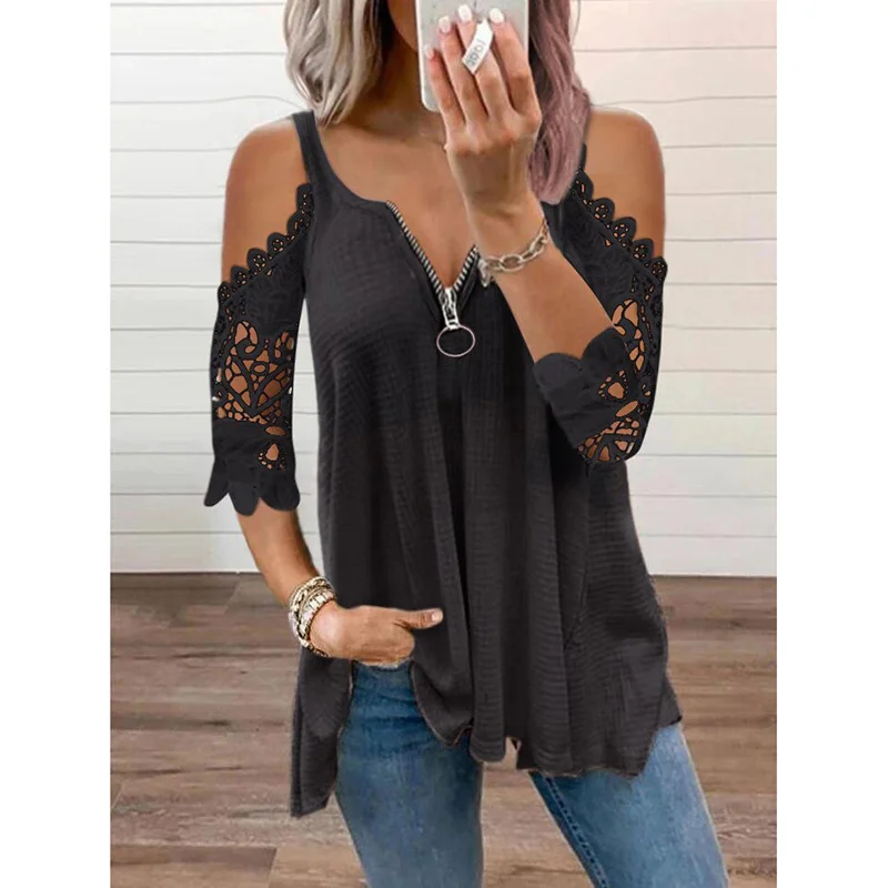 

FAKUNTN New Lace Petal 2021 Summer Half Sleeve Zipper Ladies T-Shirt For Women Oversize Off Shoulder V-Neck Loose Casual Top Tee