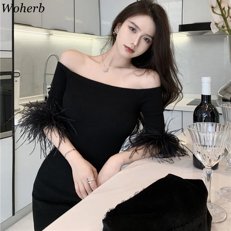 Сексуальное женское платье Woherb Осеннее черное шикарное Облегающее вязаное
