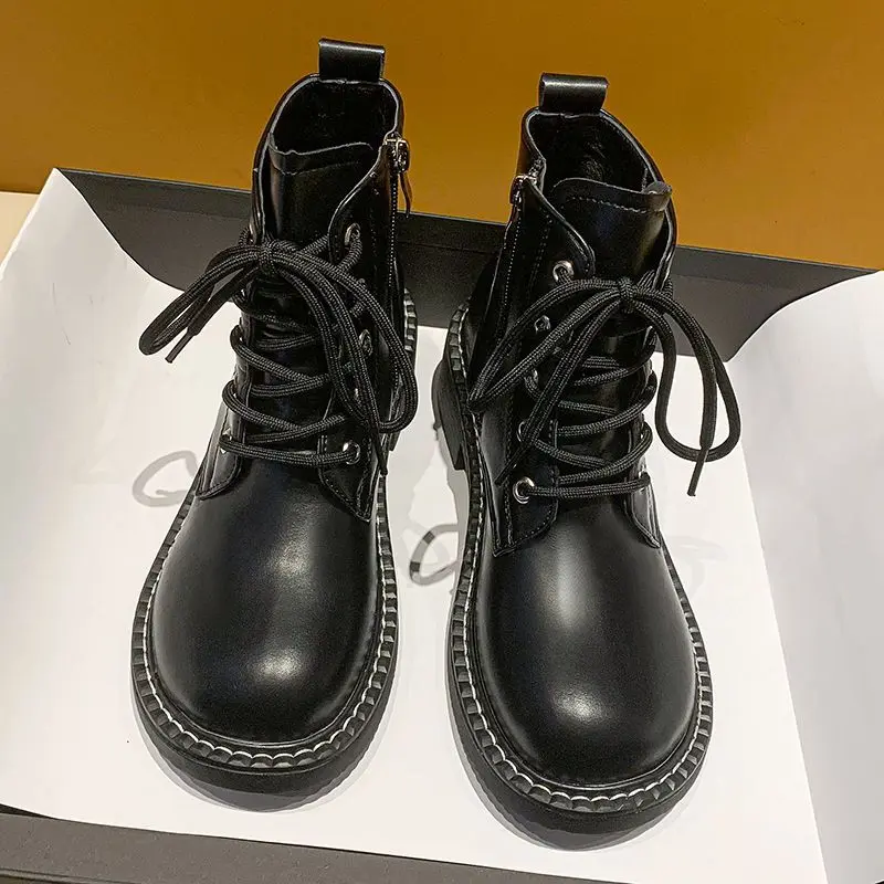 

Autumn Women Ankle Boots Leather Round Toe Thick Block Heel Black Khaki Lace Up Platform Solid Motorcycle Sewing Botas Femininas