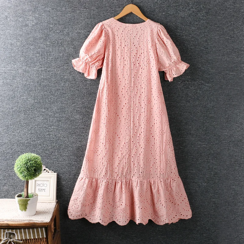 

Summer new women's V-neck hollow cotton dress solid color short sleeve Casual Midi Dress