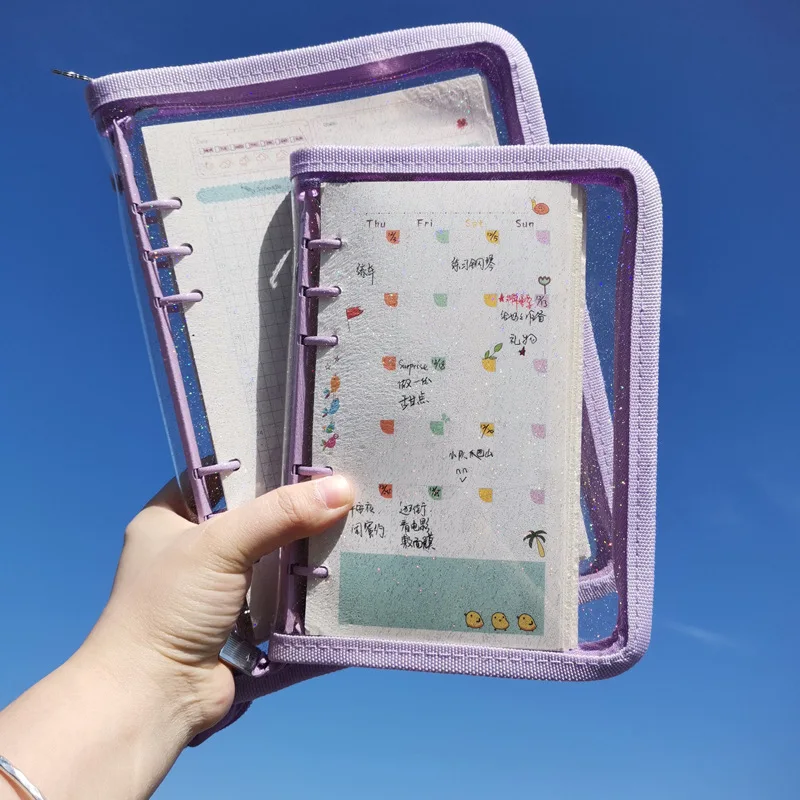 

2023 Cute Zip Bag Glitter Transparent Loose Leaf Binder Notebook Inner Core Cover Note Book Planner Office Stationery Supplies