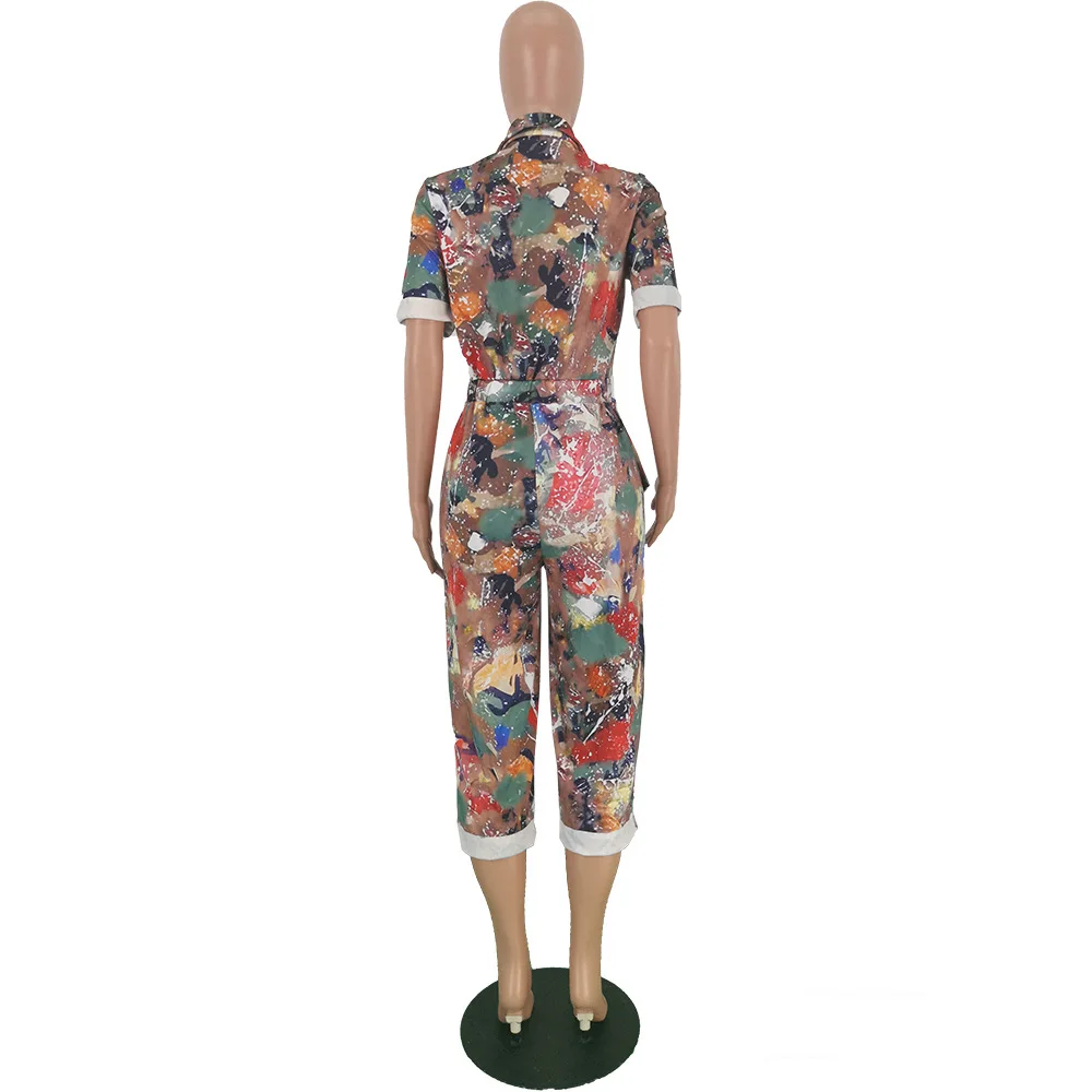 

Camouflage Painted Sport Rompers Womens Jumpsuit Turn Down Collar Short Sleeve Loose Playsuit Casual Pockets Zipper Biker Outfit