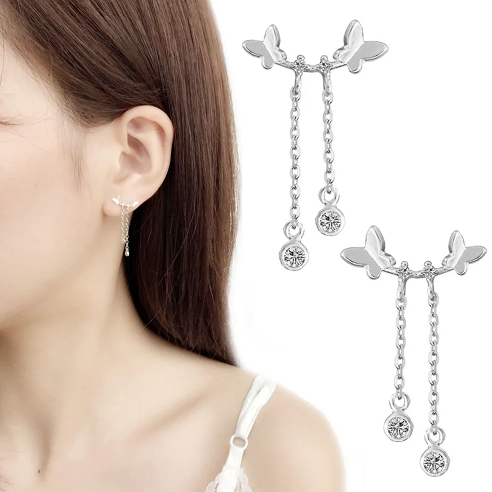 

1 Pair Double Butterfly Earrings Korean Long Tassel Pendant Stud Ear Sweet Temperament Girls Accessories Gift