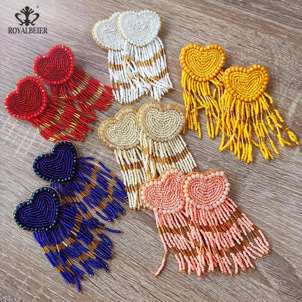

ROYALBEIER Bohemian Peach Heart Long Tassel Earrings LOVE Heart Beaded Pendant Earrings Couples Gift Charm Jewelry Earrings