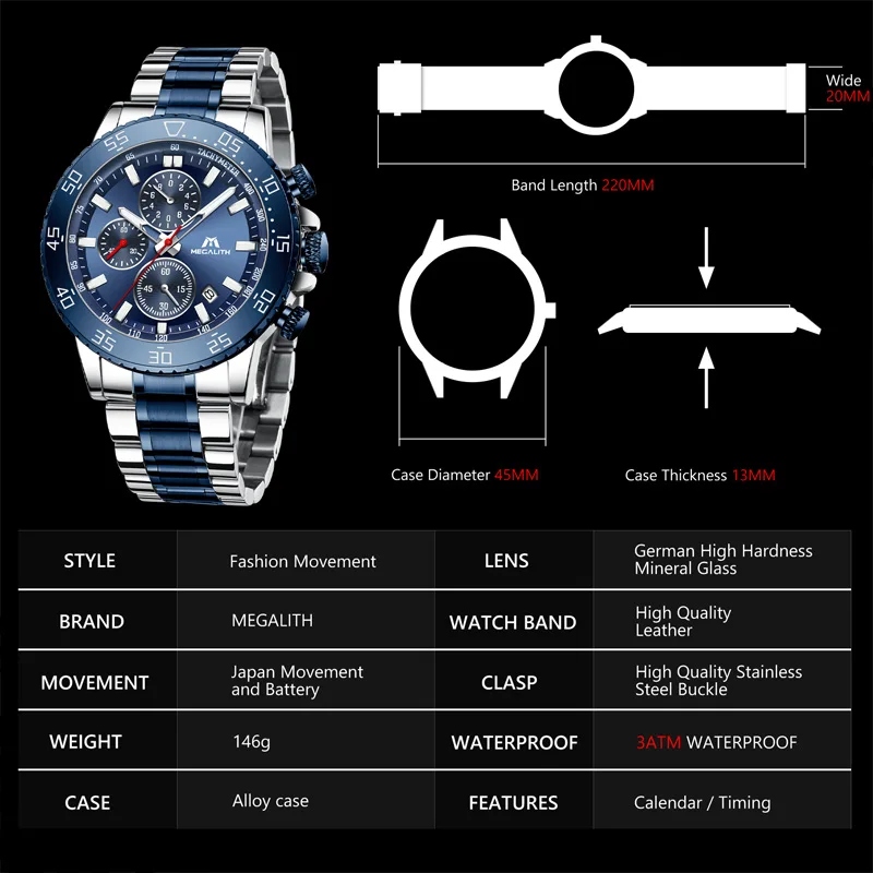 MEGALITH Топ водостойкие спортивные мужские часы из нержавеющей стали с хронографом