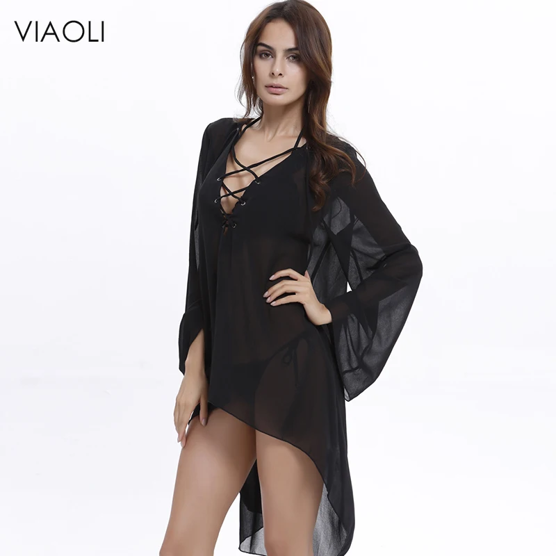 Новинка Пляжная накидка VIAOLI парео с длинным рукавом Шифоновая для бикини