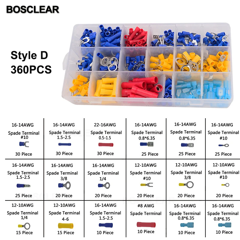 Набор изолированных обжимных соединителей для электрических проводов 175/180/360 шт.