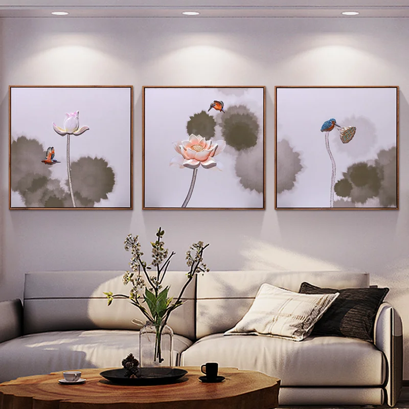 

Mural Painting, Living Room, Painting, Lotus, Triptych, Creative Sofa, Wall Decoration, Painting
