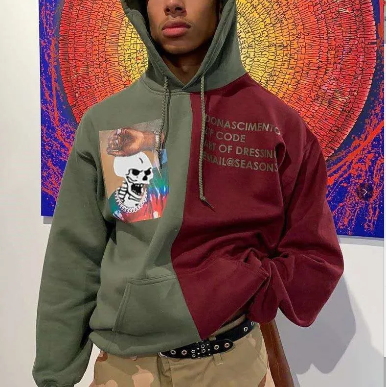 

Green Red Patchwork Pullover Hip Hop Oversized Sweatshirt Women Pocket Drawstring Long Sleeve New Design England Style Boyfriend