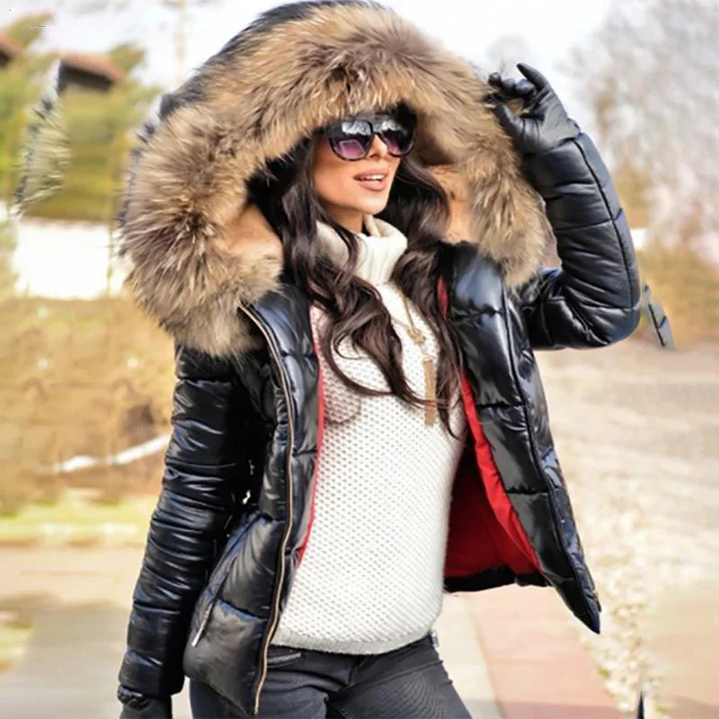 

2021thick Parka Fur Collar Hooded Women Jacket Coat Winter Ladies Casual Zipper Short Jacket Fashion Cotton Padded Warm Outwear