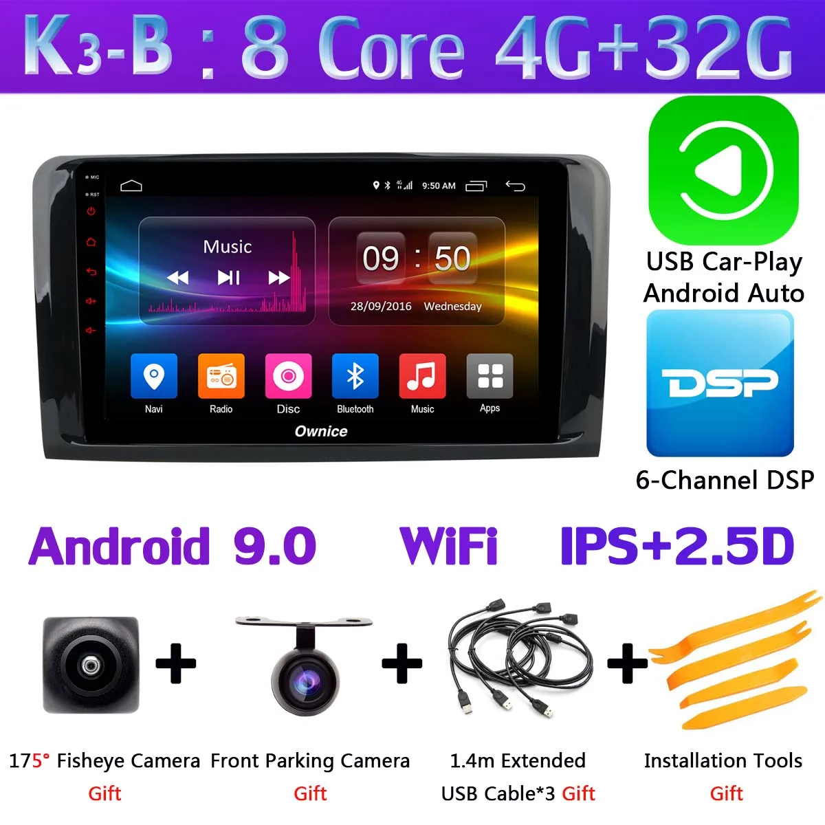 K3-B-CarPlay 1Din 360 ° камера 4G LTE Android 9,0 4 Гб+ 64 Гб SPDIF DSP CarPlay автомобильный мультимедийный плеер для Mercedes Benz ML GL W164 X164 gps радио - Цвет: K3-B-CarPlay