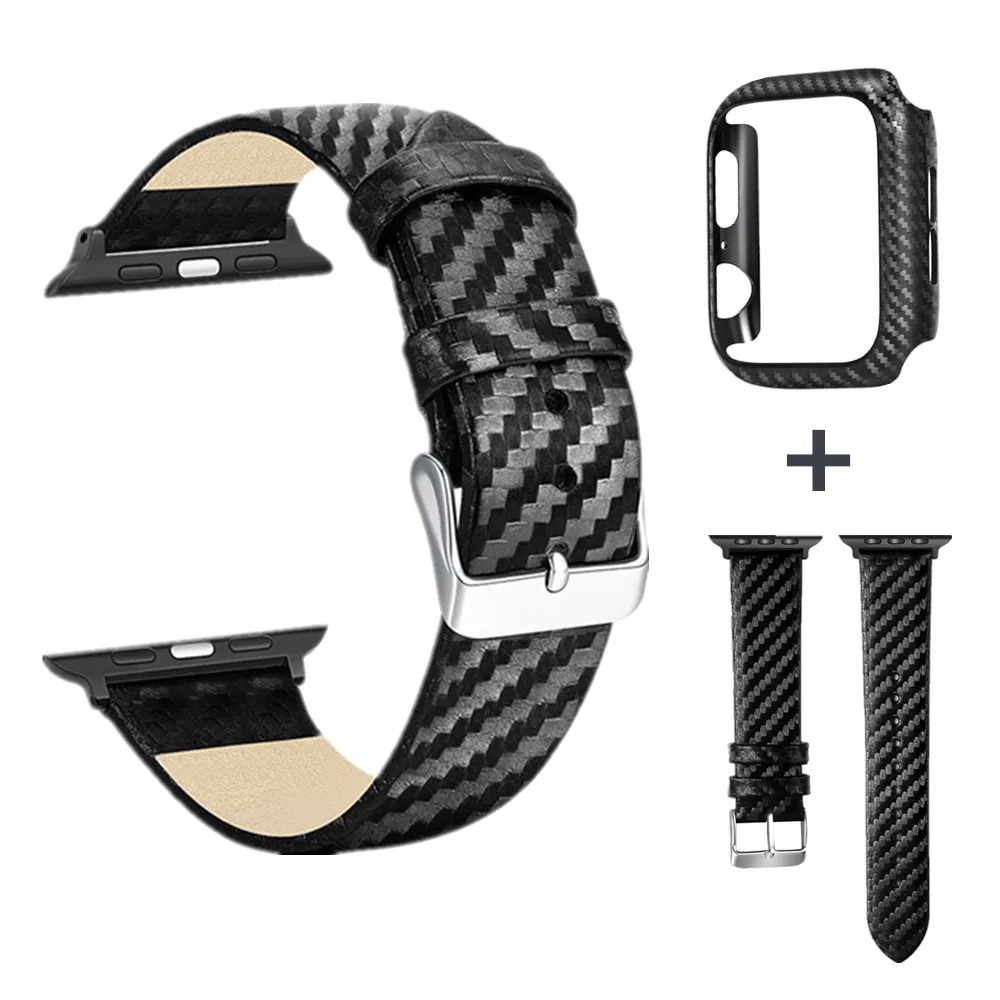

Ремешок и чехол из углеродного волокна для Apple Watch Band Series SE 6 5 4 3, черный кожаный браслет с рамкой для iWatch 44 мм 40 мм 42 мм 38 мм