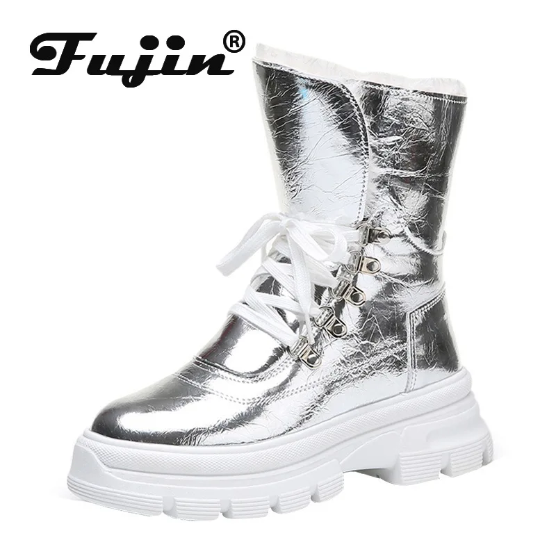 Fujin/женские зимние ботинки Зимние водонепроницаемые кожаные на шнуровке Высокие