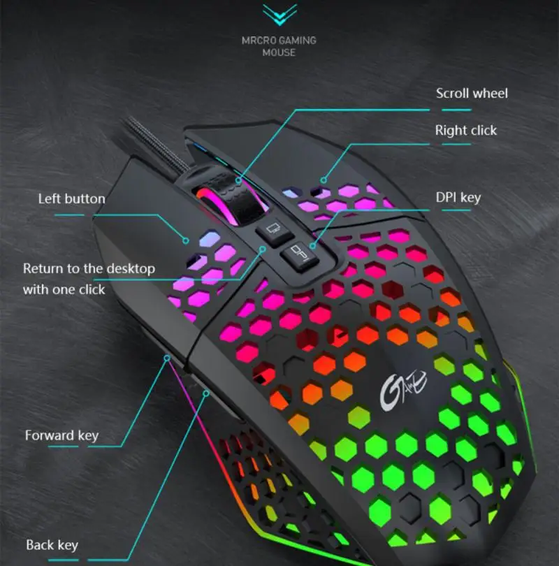 X801 7 кнопок игровой Мышь USB Проводная полые 6 Скорость 8000 Точек на дюйм