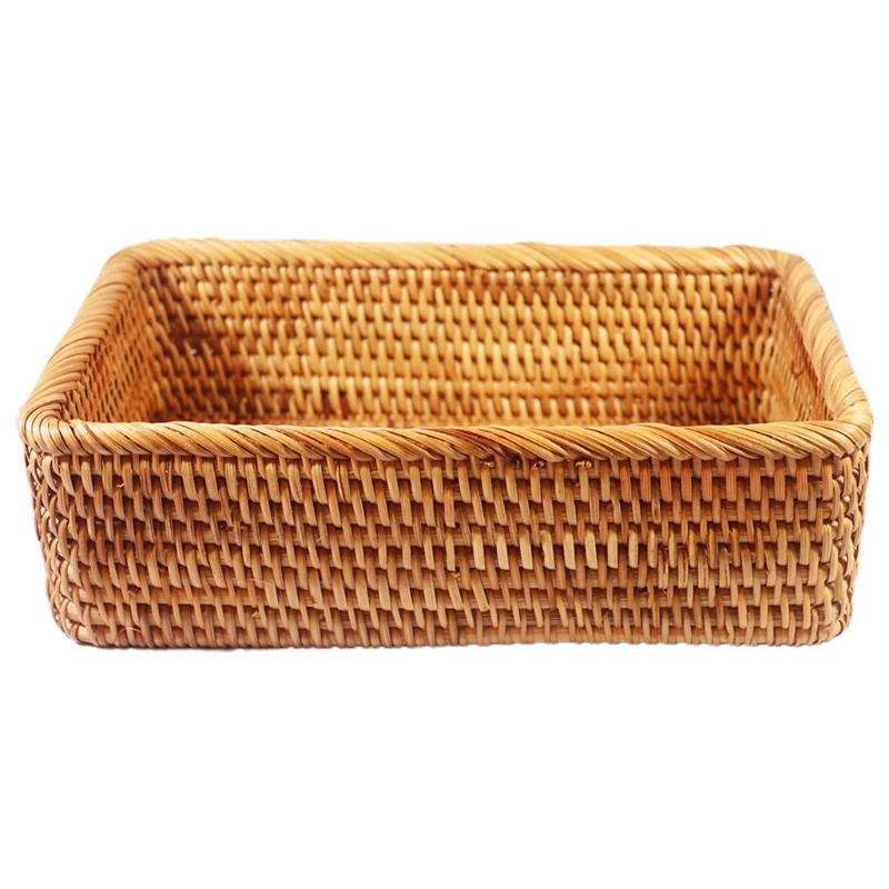 

B0KB Rectangular Hand-woven Basket Rattan Candy Storage Picnic Tray Food Bread Dishes