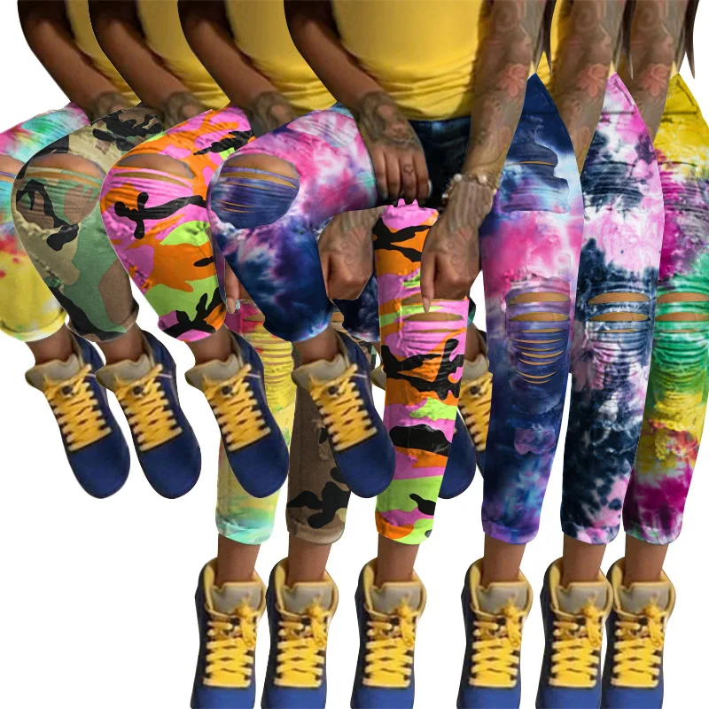 Женские джинсы карандаш с принтом Adogirl завышенной талией и дырками модные брюки