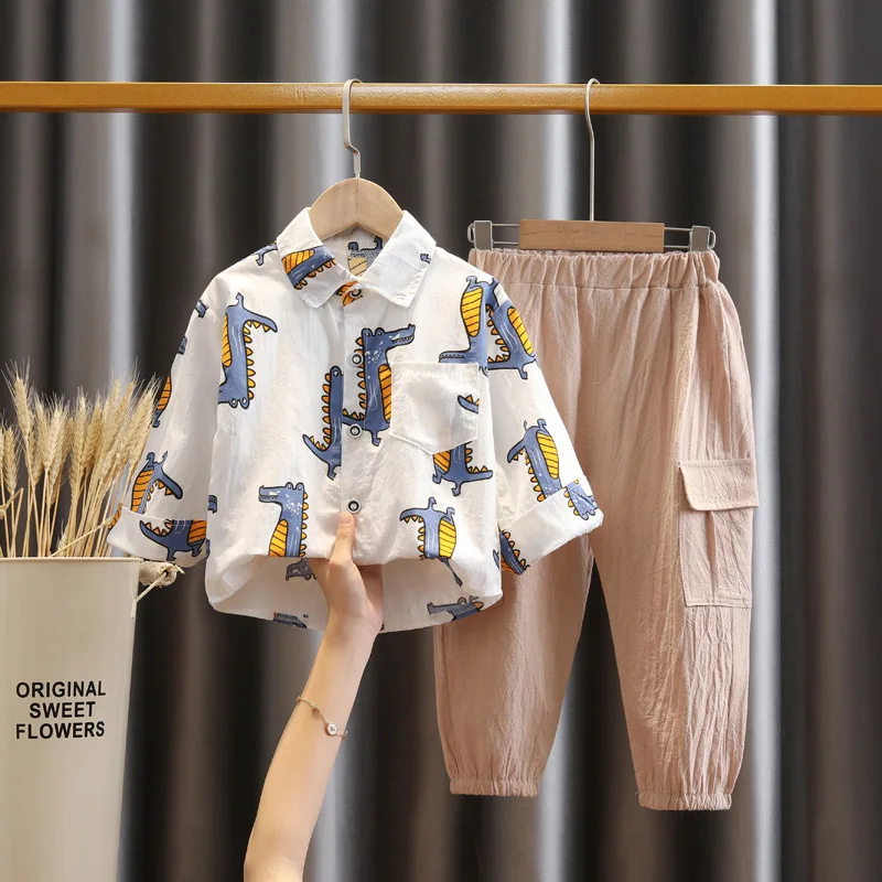 

Детская одежда для ранней осени, тонкий костюм-двойка, рубашка с динозавром для маленьких мальчиков, 2022, детская одежда, От 1 до 5 лет