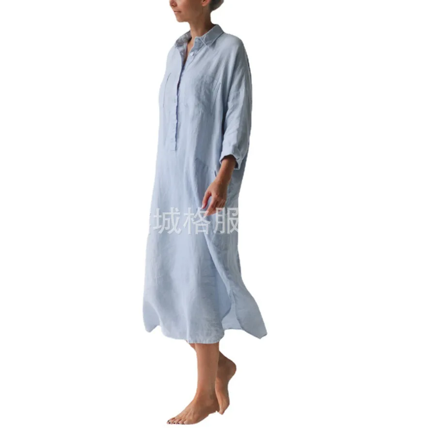 

New Shirt Dress 2021 Spring Autumn Cotton and Linen Loose Casual Pockets Straight Dress for Women