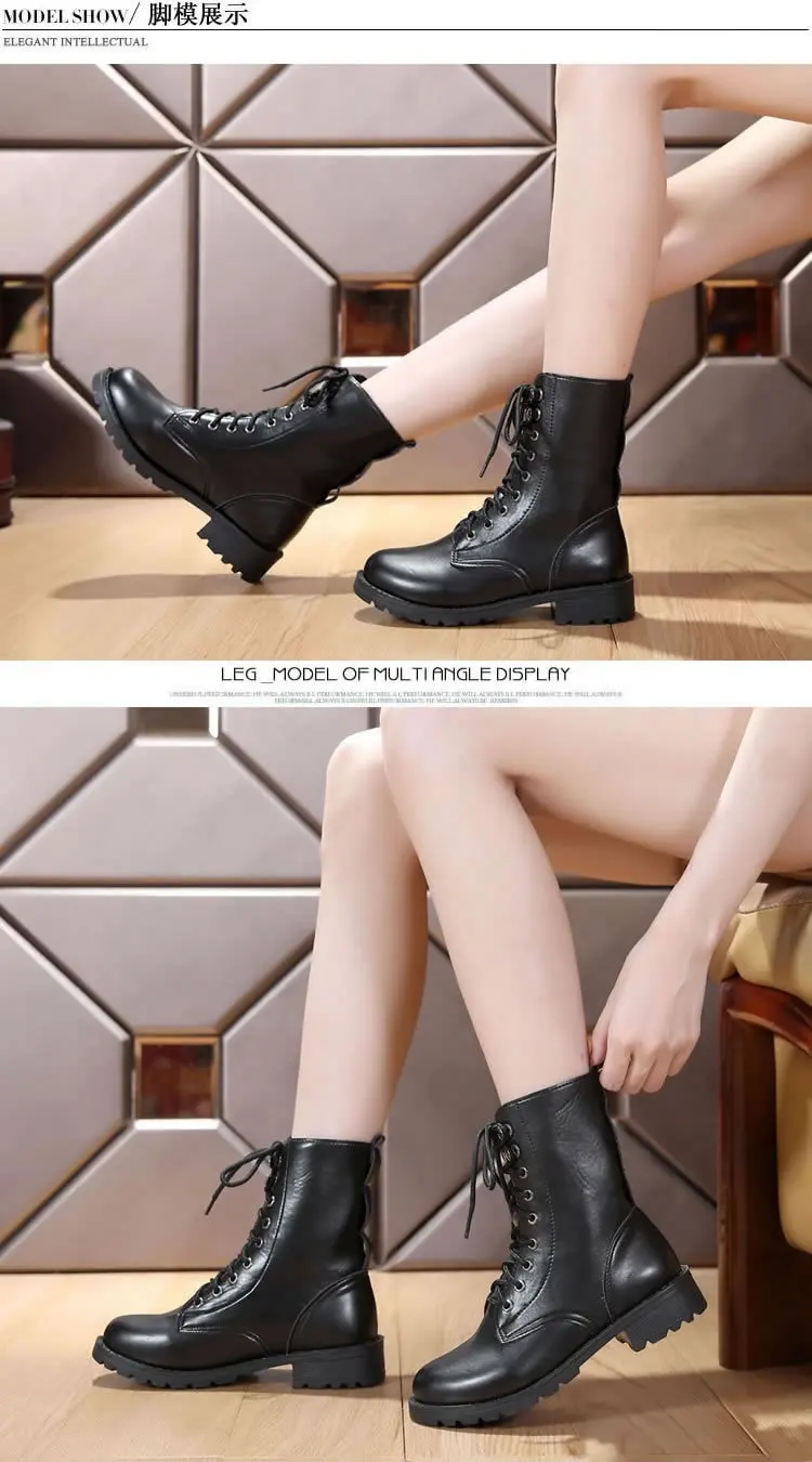 

boots, motorcycle Spring and autumn 2020 British boots female leather military boots, lace up single boots, thick heel