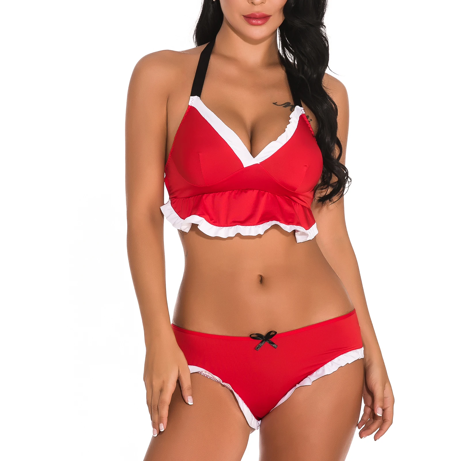 

Female Sexy Lingerie Set, Halter Neck Strappy Ruffled Brassiere+ Panties for Adults, Red, S/M/L/XL/XXL