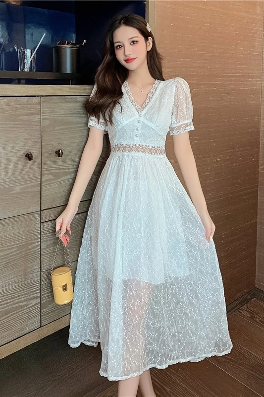 

COIGARSAM Lace Women dress New Summer Short Sleeve V-Neck Long Dresses White 9589
