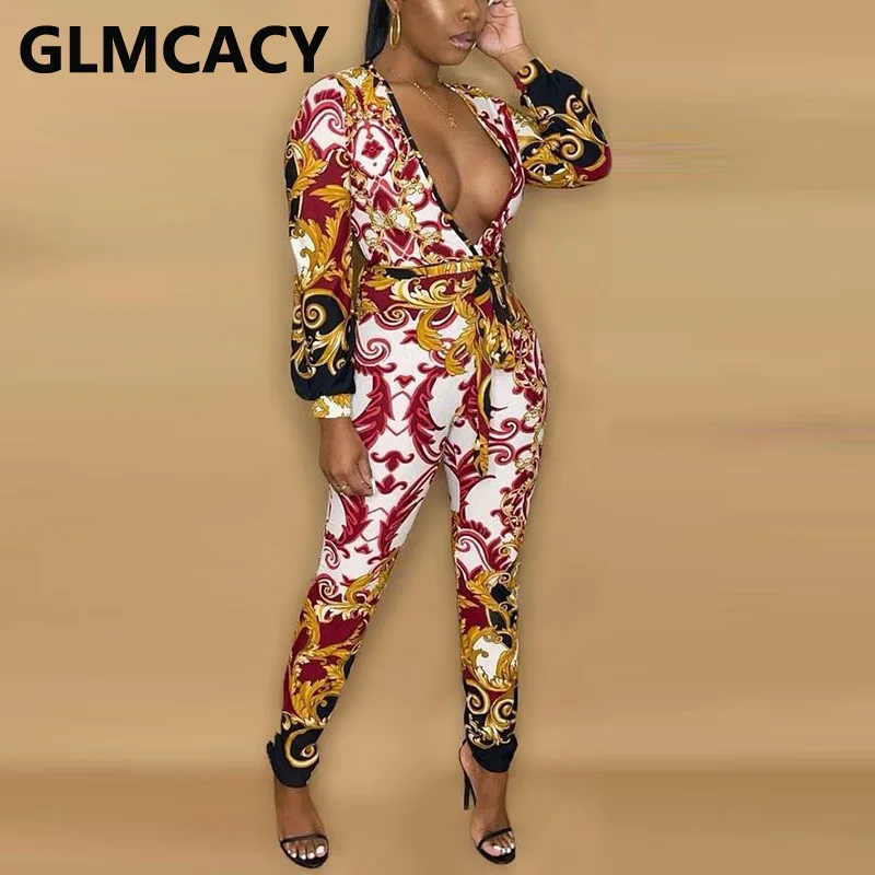 

Womne Long Sleeve Plunge V Neck Slim Jumpsuit Chic Vintage Overalls Jumpsuits