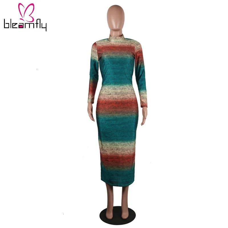 Градиентный цвет полосатый принт с длинным рукавом бодикон Платье женское
