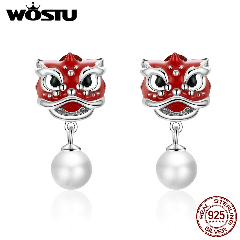 WOSTU Genuine 925 Sterling Silver Chiness Lion Dance Drop Earrings Red Enamel Pearl For Women Lucky Jewelry FNE333 | Украшения и