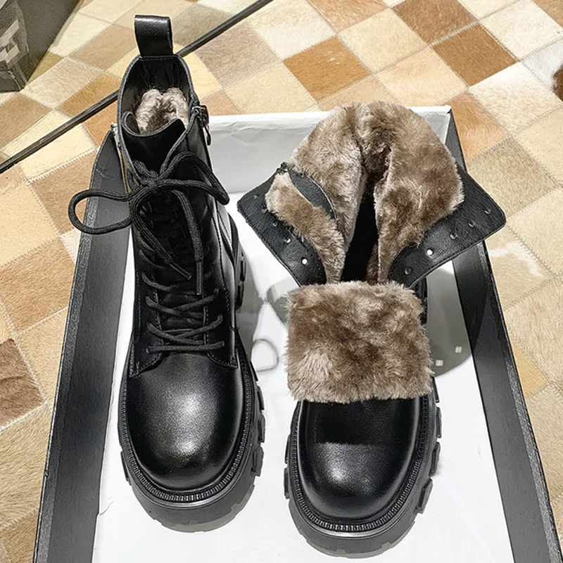 

Warm Short Plush Women Winter Shoes 2021 Black Womens Lace Up Platform Ankle Boots Pu Leather Thick Heel Motorcyle Shoes