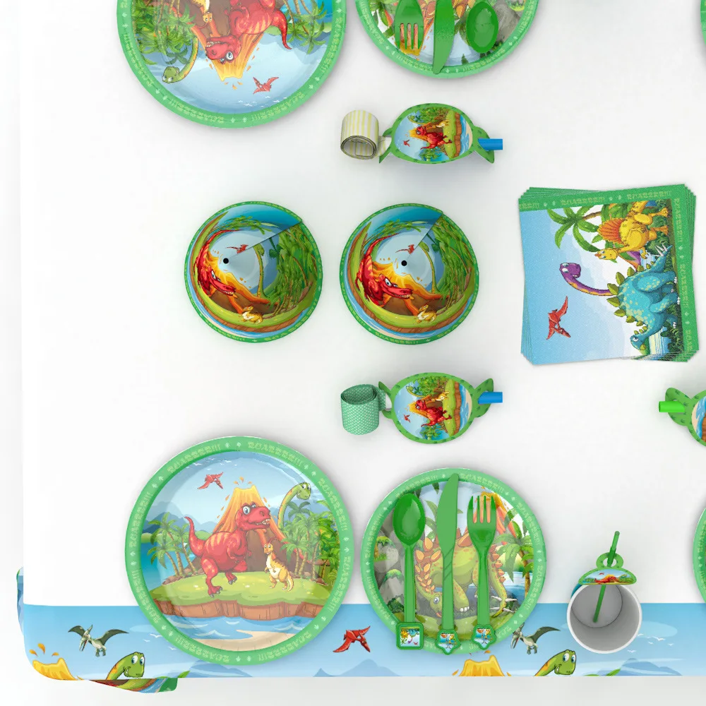 Dinosaur Party Tableware Paper Plate Cup Napkins Tablecloth Banner Happy Birthday Event Party Supplies for Boys