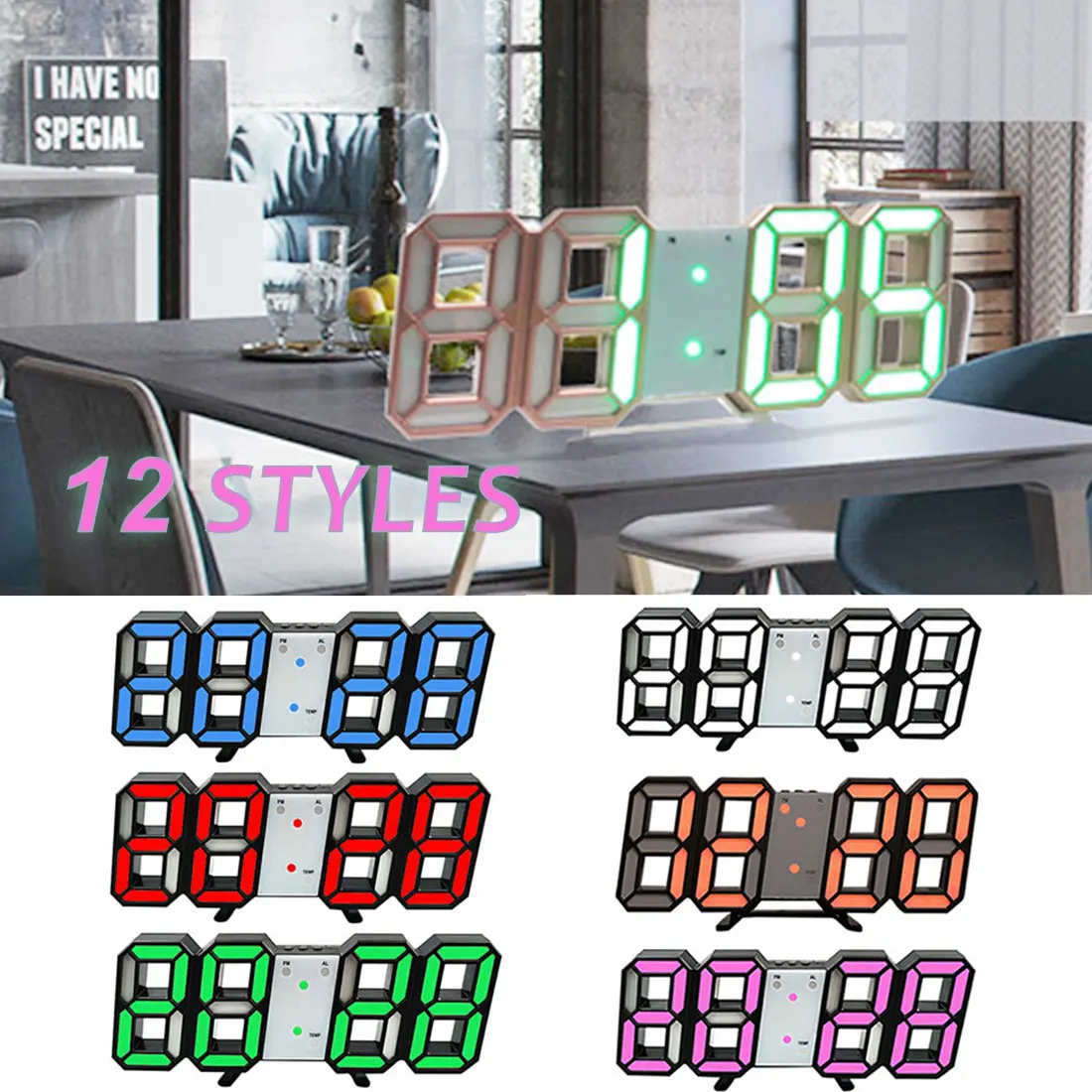 Светодиодные цифровые настенные часы 3D большие светящиеся электронные в