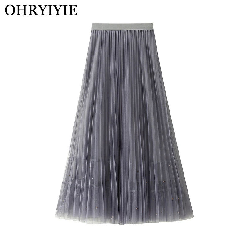 Женская фатиновая юбка с бусинами OHRYIYIE серая бежевая пачка высокой талией