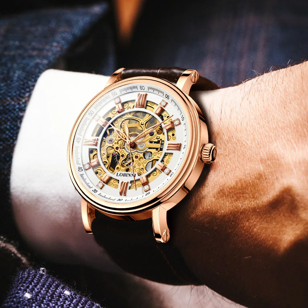 Часы наручные LOBINNI Мужские автоматические с кожаным ремешком 9010 м|Мужские
