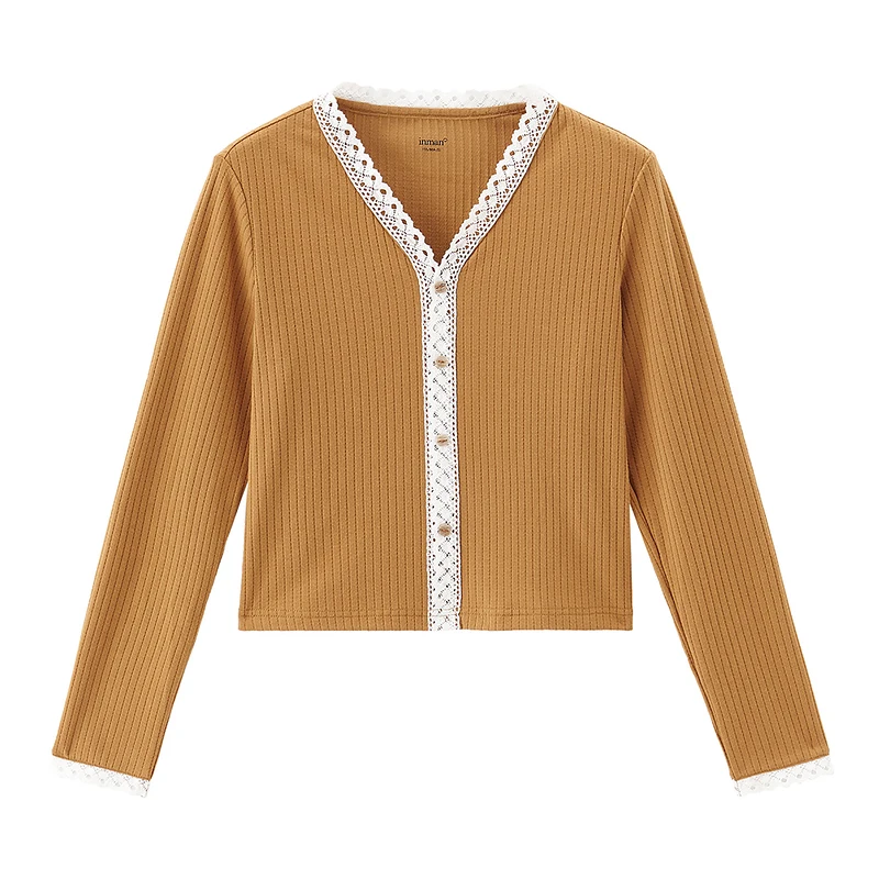 

INMAN 2021 Spring New Arrival Knit Long Sleeve V-Neck Hollow Slim Lace Tops Women's T-Shirt
