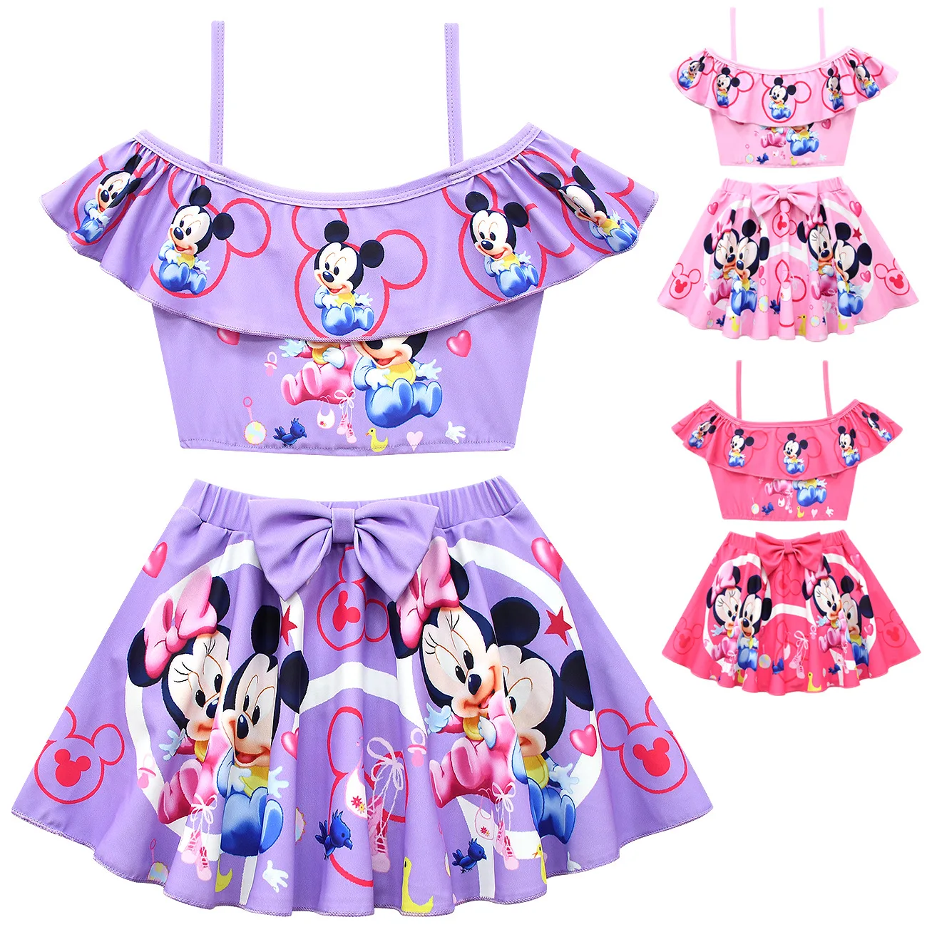 

Disney Children's Swimsuit Set Mickey and Minnie Baby Girl Two-piece Swimsuit Sling One-shoulder Short Skirt
