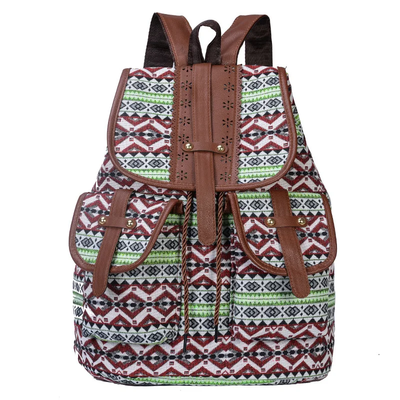 

High Quality Backpack Vintage Print Canvas Ethnic Bagpack for Women Girls School Bag Drawstring Bohemia Travel Rucksack