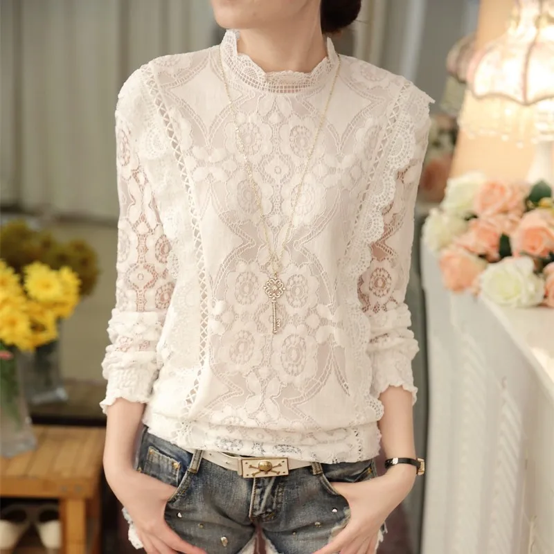 

New Arrival Chiffon Shirts 2017 Women Long Sleeve Fashion Casual Lace Blouses Plus Size Solid Color Blusas 07F 25
