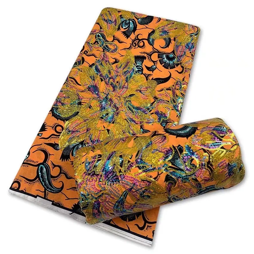 

2021 Best Quality 100% Cotton African Sequins Ankara Wax Fabric Soft Prints Materials 6Yards Tissu Sewing For Lady Dress Wear F9