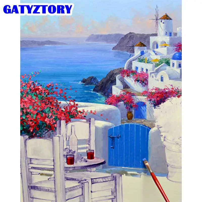 

GATYZTORY Diy Framed Painting By Numbers For Adults Santorini Landscape Oil Paints Kits Handpainted Acrylic Drawing Canvas DIY G