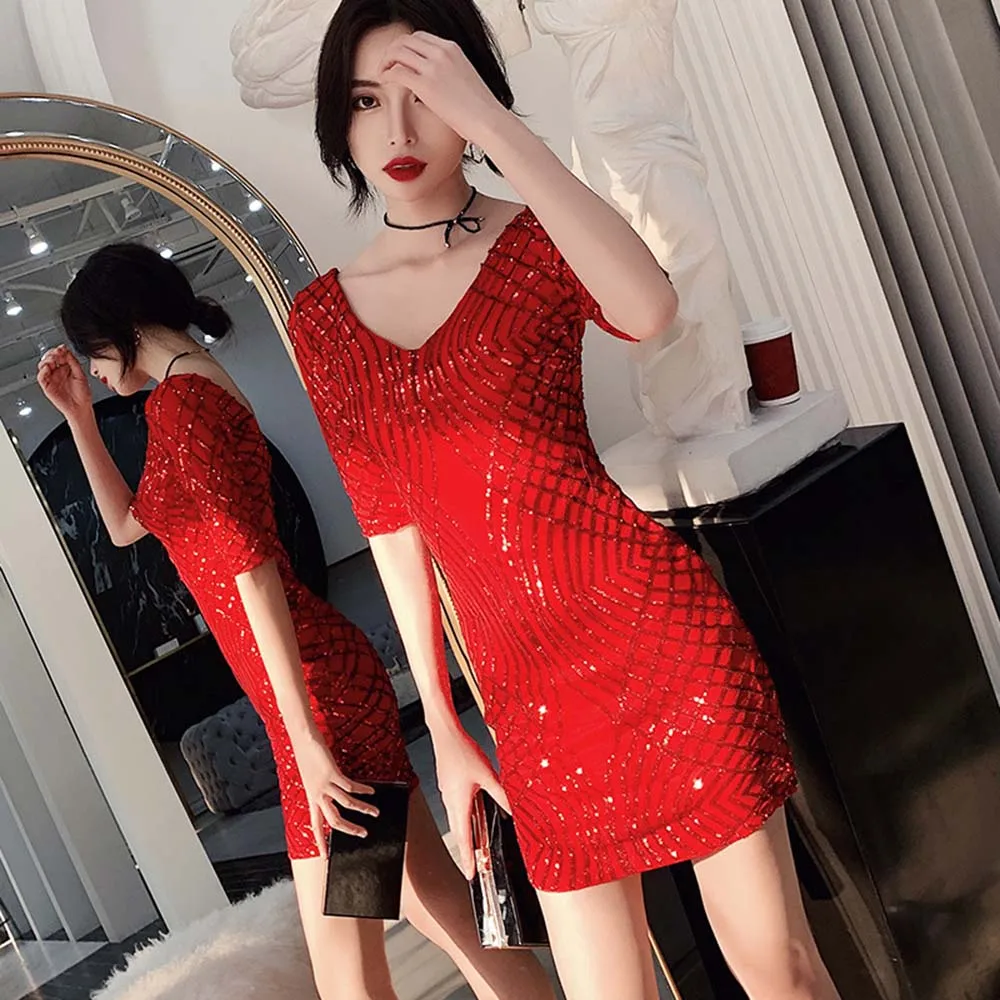 HS Kellio пикантное платье цвета коктейль Vneck темно-синий Мини Короткие рождественские вечерние платья блестящее кружево