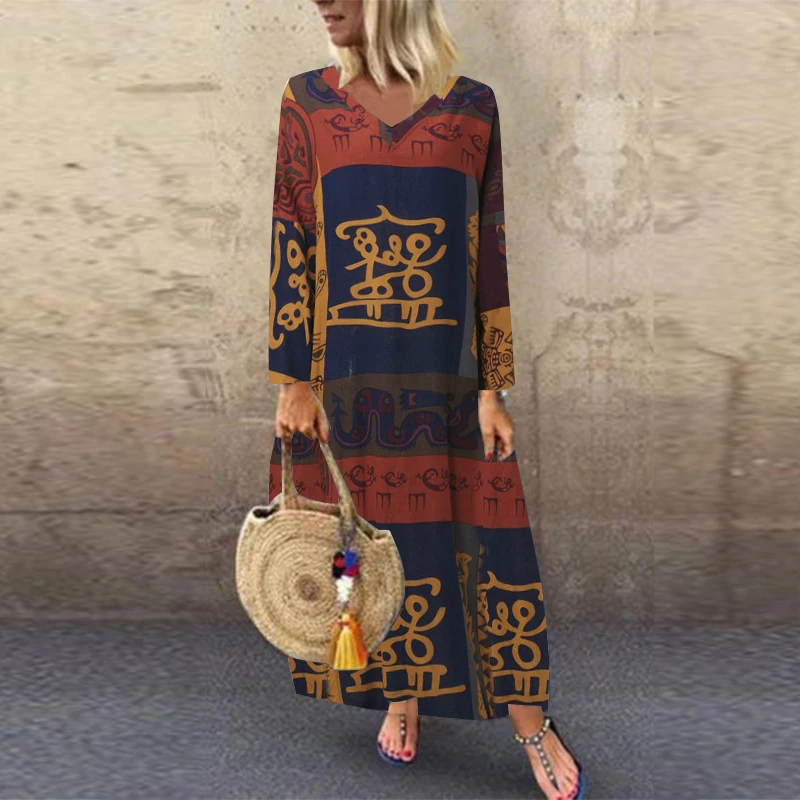 ZANZEA женское летнее хлопковое льняное платье с коротким рукавом Vestido Robe Kaftan Femme Винтаж V образным вырезом цветочный принт праздничный сарафан 5XL