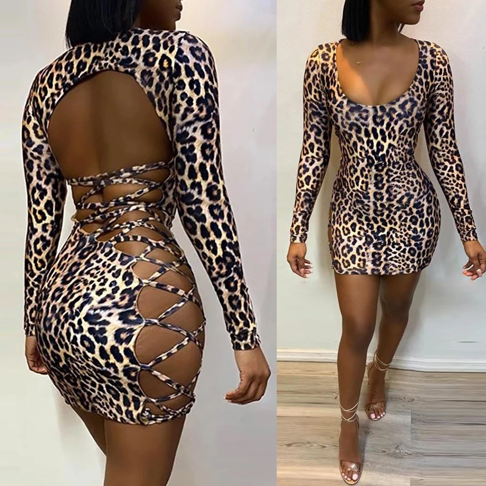 Fashion Sexy Women Bodycon Backless Dress Sleeveless Ladies Evening Party Club Leopard Slim Mini