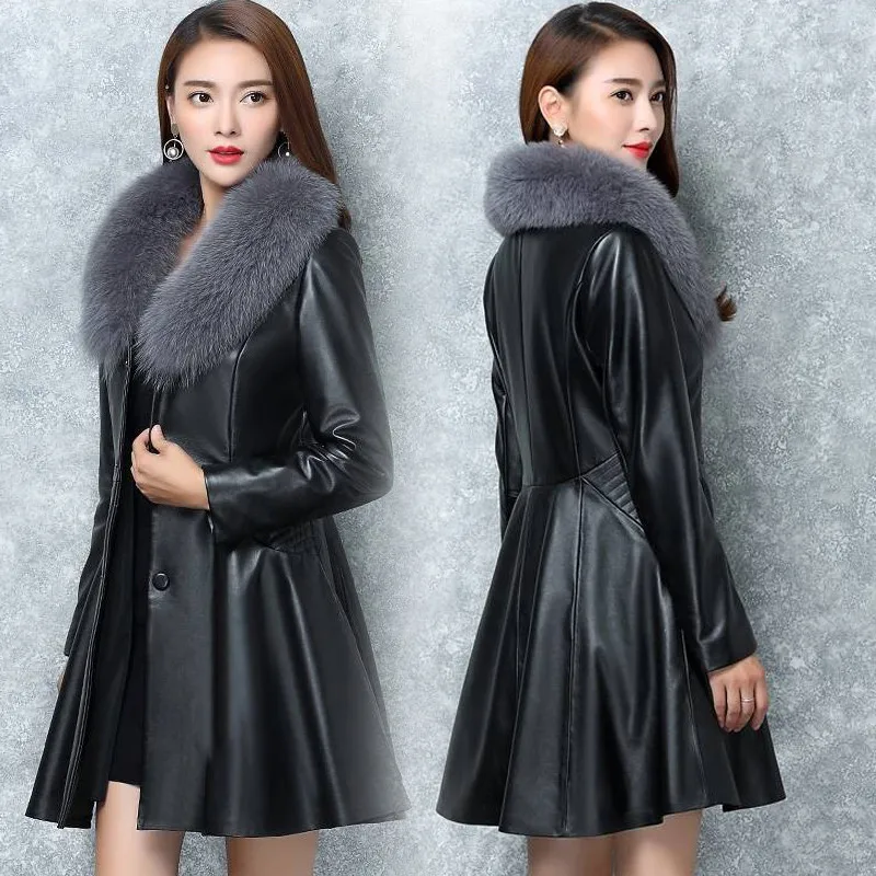 

Fashion women's PU leather jacket in the long section of imitation fox fur collar leather jacket female slim wild New winter