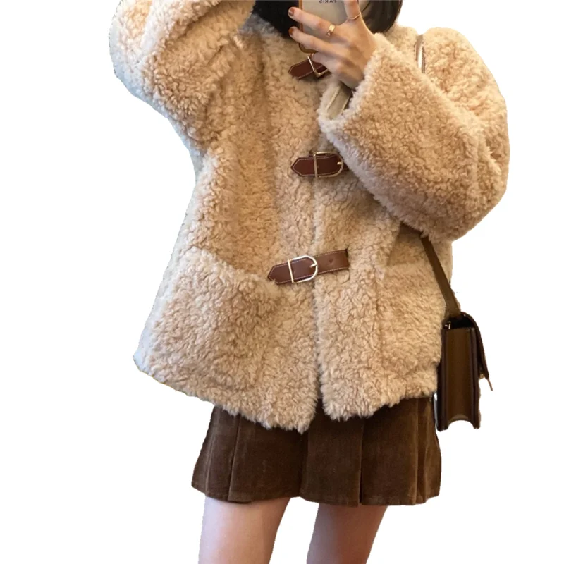

Женское осенне-зимнее пальто из натурального овечьего меха 2022, женская теплая куртка из натуральной овечьей шерсти, Женская однобортная од...