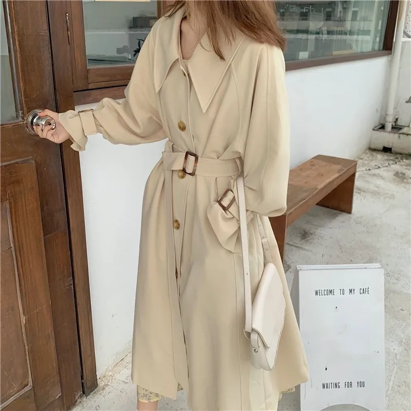 

Korean Style Loose Belt-breasted Long Trench Coat Women Full Sleeves Turndown Collar Solid All-match Trench