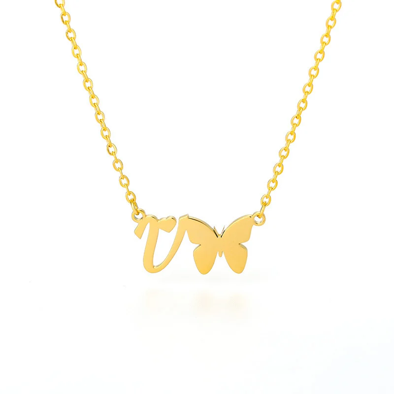 

New Stainless Steel Initial Alphabet Insect Necklace Gold Color Butterfly Animal Capital Letter A - Z Jewelry 45cm long, 1 PC